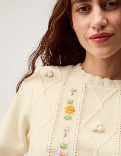 Elsie Floral Embroidered Cable Knit Jumper Ivory