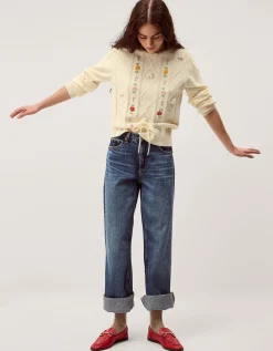 Elsie Floral Embroidered Cable Knit Jumper Ivory