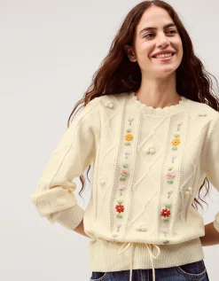 Elsie Floral Embroidered Cable Knit Jumper Ivory