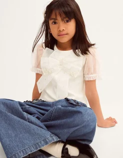 Embellished Puff Sleeve Bow T-Shirt Ivory