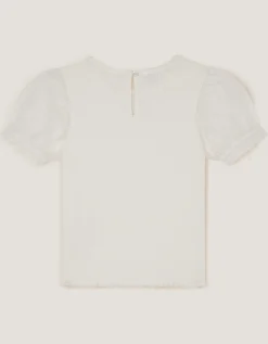 Embellished Puff Sleeve Bow T-Shirt Ivory