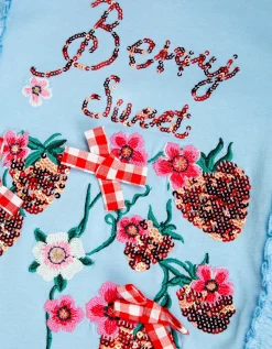Embellished Strawberry Broderie Ruffle Top Blue
