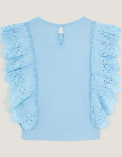 Embellished Strawberry Broderie Ruffle Top Blue