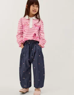 Embroidered Chambray Cuffed Trousers Blue