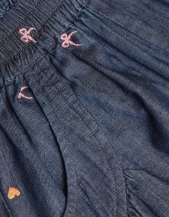 Embroidered Chambray Cuffed Trousers Blue