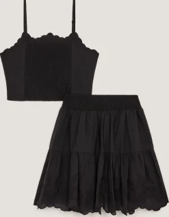 Embroidered Cotton Top & Skirt Set Black