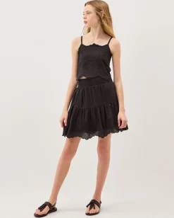 Embroidered Cotton Top & Skirt Set Black