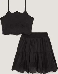 Embroidered Cotton Top & Skirt Set Black