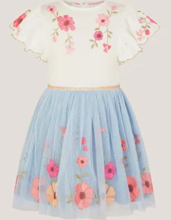 Embroidered Floral Tulle Disco Dress Blue