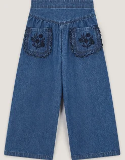 Embroidered Pocket Chambray Trousers Blue