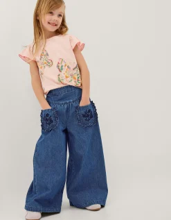 Embroidered Pocket Chambray Trousers Blue