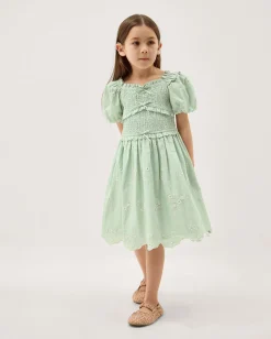 Embroidered Puff Sleeve Smocked Dress Green
