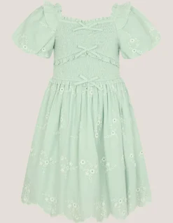 Embroidered Puff Sleeve Smocked Dress Green