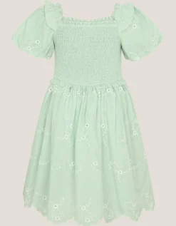 Embroidered Puff Sleeve Smocked Dress Green