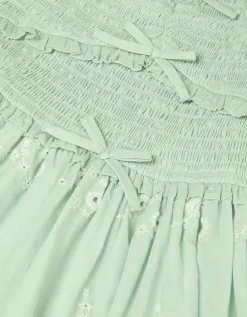Embroidered Puff Sleeve Smocked Dress Green
