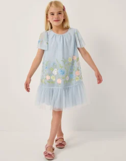 Emilia Embroidered Drop Waist Party Dress Blue