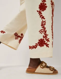 Emilia Floral Embroidered Trousers Ivory