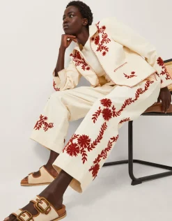 Emilia Floral Embroidered Trousers Ivory