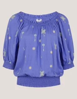 Emily Embroidered Puff-Sleeve Top Blue