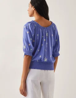Emily Embroidered Puff-Sleeve Top Blue