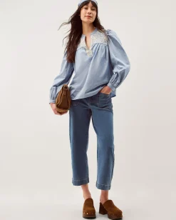 Erica V-Neck Embroidered Blouse Blue