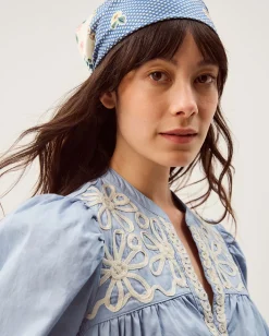 Erica V-Neck Embroidered Blouse Blue