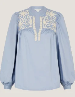 Erica V-Neck Embroidered Blouse Blue