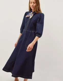Erin Zip Denim Midi Dress Blue