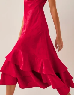 Ester Satin Ruffle Midi Dress Red