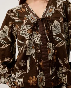Esther Floral Linen Blend Top Brown