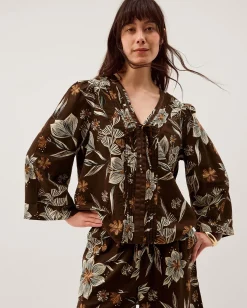 Esther Floral Linen Blend Top Brown