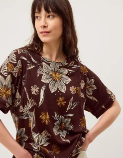 Esther Floral Linen Blend T-Shirt Brown