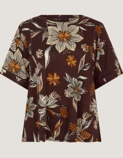 Esther Floral Linen Blend T-Shirt Brown