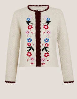 Etta Floral Embroidered Scallop Cardigan Ivory