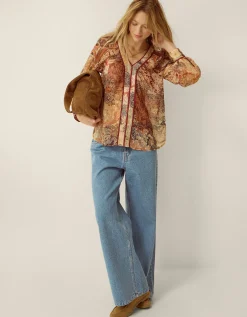 Evelina Sheer Floral Print Top Brown