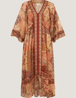 Evelina Shimmer Floral Print Midi Dress Brown
