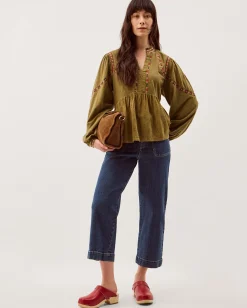 Fabia Embroidered Blouson Blouse Green
