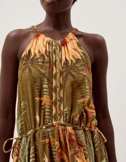 Fallon Sleeveless Tropical Print Midi Dress Green