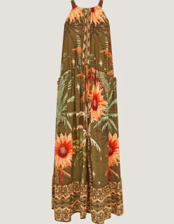 Fallon Sleeveless Tropical Print Midi Dress Green