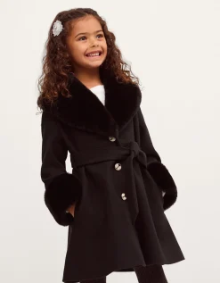 Faux Fur Collar Belted Coat Black