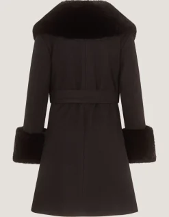 Faux Fur Collar Belted Coat Black