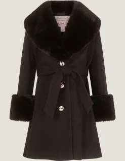 Faux Fur Collar Belted Coat Black