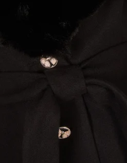 Faux Fur Collar Belted Coat Black