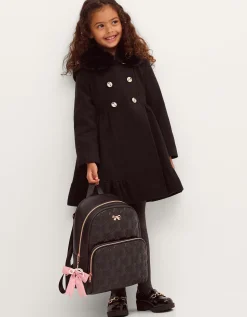 Faux Fur Collar Double-Breasted Coat Black
