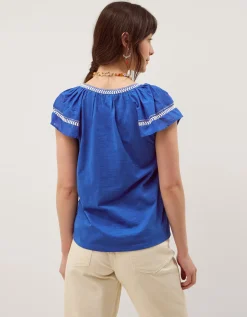 Fenn Embroidered Ruffle Jersey Top Blue