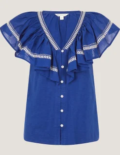 Fenn Embroidered Ruffle Jersey Top Blue