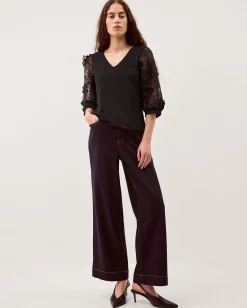 Fi Floral Appliqué Jersey Top Black