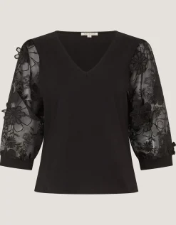 Fi Floral Appliqué Jersey Top Black