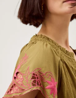 Fiona Embroidered Cotton Top Green