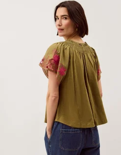 Fiona Embroidered Cotton Top Green